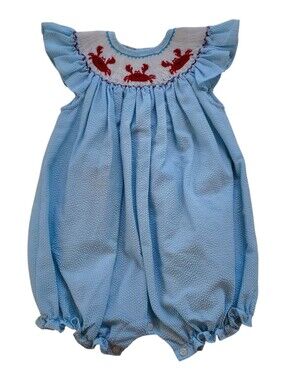Classy Couture Smocked Crab Blue Seersucker Bubble Romper 24M